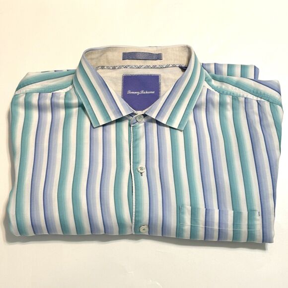Tommy Bahama Blue Grn Striped Button Up Mens XL Long Sleeve Shirt Woven Casual - Picture 8 of 9